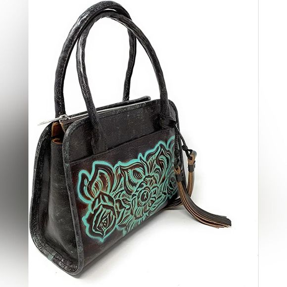Patricia Nash Paris Satchel Tooled Turquoise Brown Leather P018133 New - Picture 5 of 16
